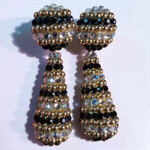 Richard Kerr Vintage Clip-On Earrings Goldtone Black & Clear Rhinestones